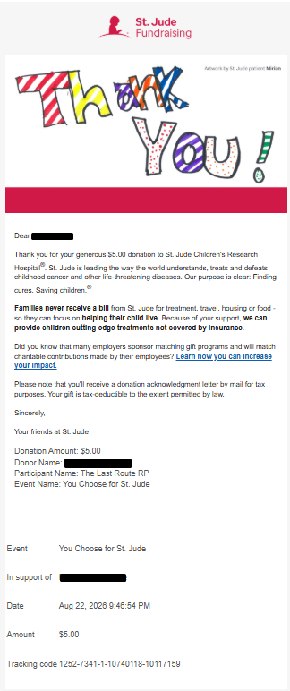 Example St. Jude donation receipt with personal information blacked out